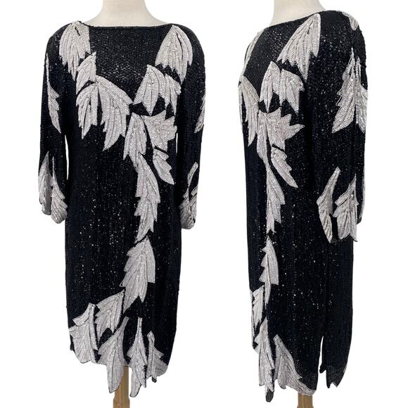 American Vintage Dresses & Skirts - Vintage 80s Silk Beaded Sequined Evening Dress Asymmetric Black White Womens L